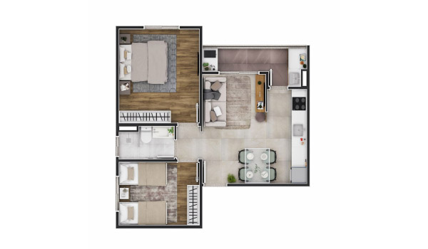 Perspectiva ilustrada da planta de um tipo de apartamento