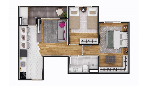 Perspectiva ilustrada da planta de um tipo de apartamento