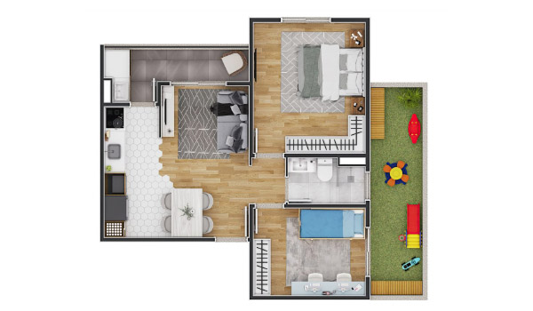 Perspectiva ilustrada da planta de um tipo de apartamento