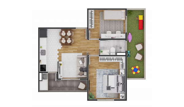 Perspectiva ilustrada da planta de um tipo de apartamento