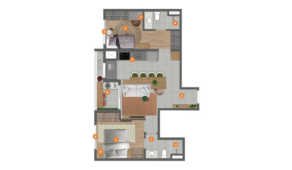 Perspectiva ilustrada da planta tipo 54,90m² Finais 1, 2, 5 e 6