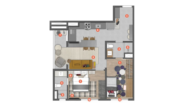 Perspectiva ilustrada da planta tipo 54,90m² Finais 3, 4, 7 e 8